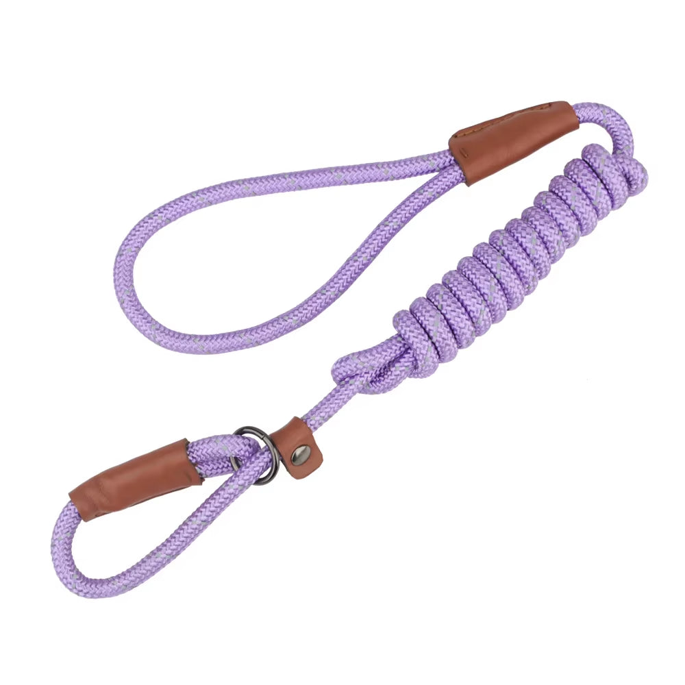 Purple rope dog leash with durable leather joints and metal ring for secure attachment.