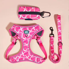 3Pcs/Set Love Heart Print High Quality Adjuatbale Rose Red Color Pet Dog Harness 