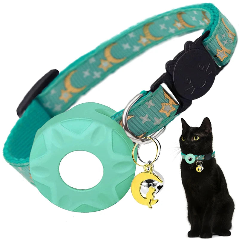 Apple Tag Pet Collar with Airtag Holder & Moon Ornament for Kitten Collar Girl Boy Cats, Small Dog Collar Kitten Accessories