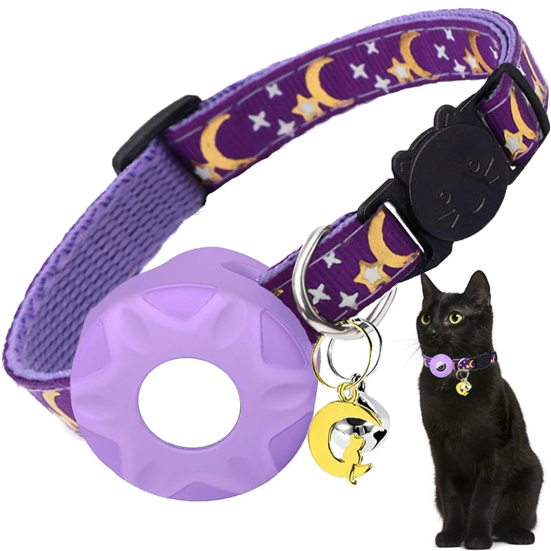 Apple Tag Pet Collar with Airtag Holder & Moon Ornament for Kitten Collar Girl Boy Cats, Small Dog Collar Kitten Accessories