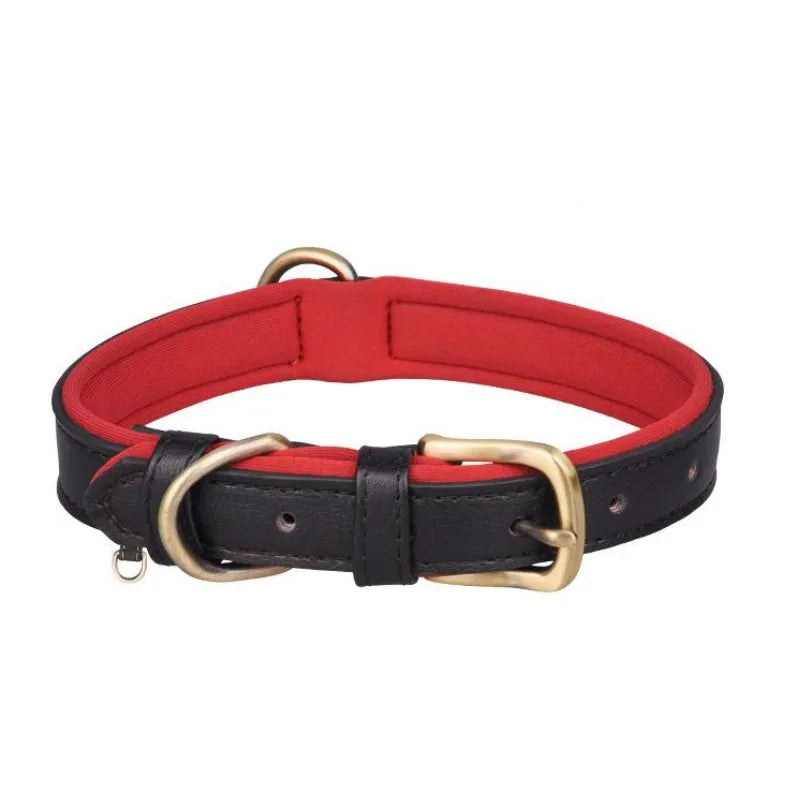 Padded Leather Pet Collar | Durable Adjustable Neck Strap with Brushed Bronze Hardware - Black Red
