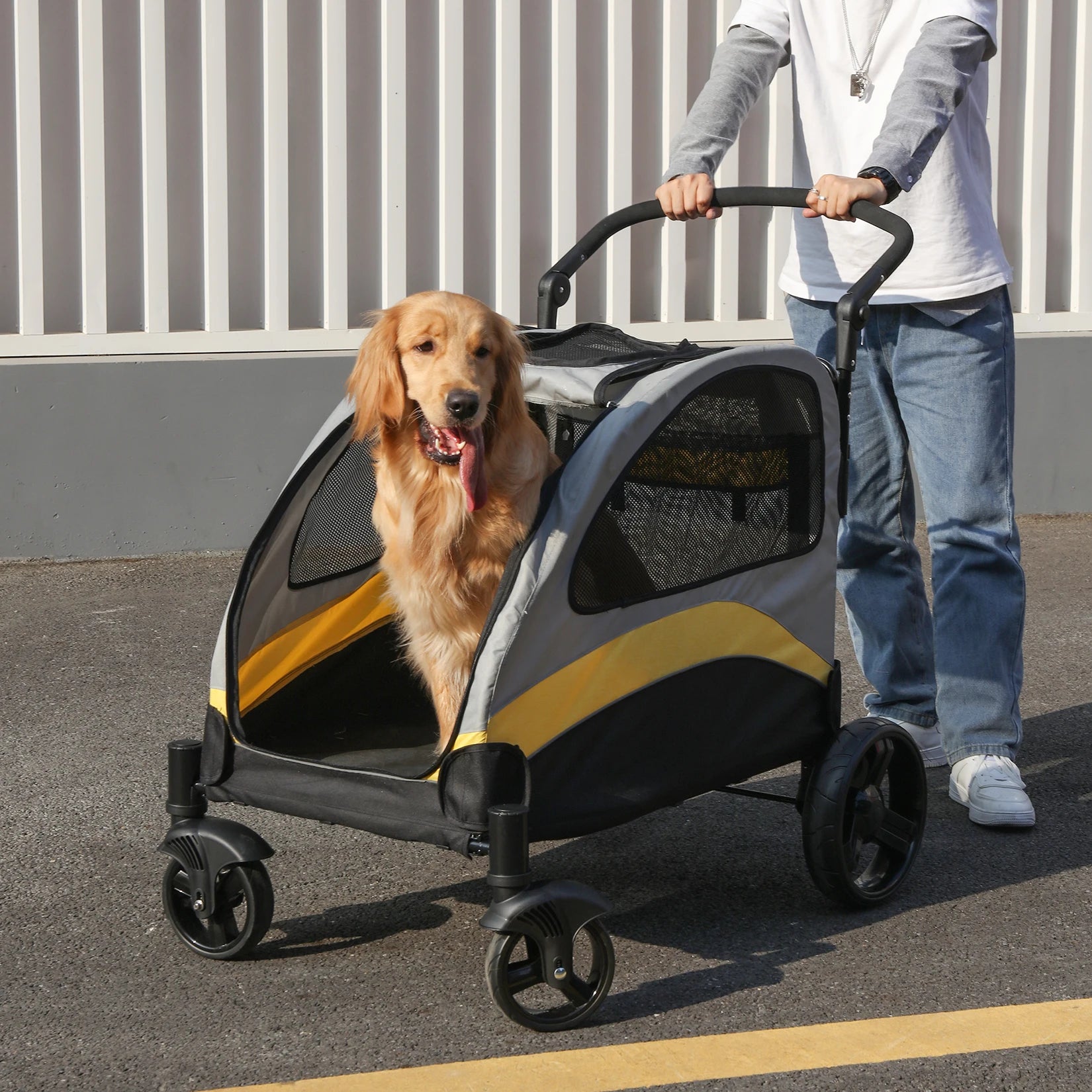 Dog Stroller Ultra-Large 4 Wheels Pet Jogger Wagon Foldable Cart Travel Trolley Outdoor Animal Carrier Load up to 55Kg