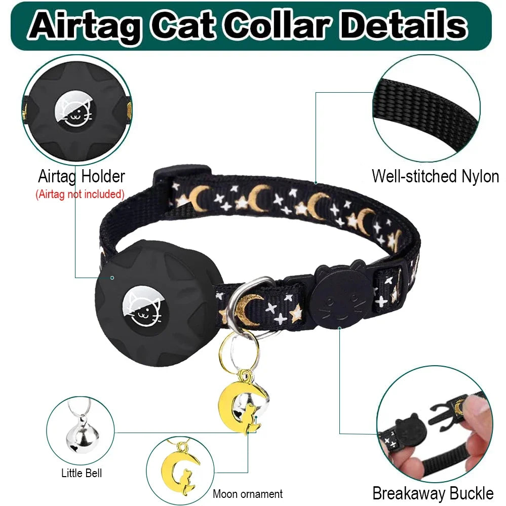 Apple Tag Pet Collar with Airtag Holder & Moon Ornament for Kitten Collar Girl Boy Cats, Small Dog Collar Kitten Accessories