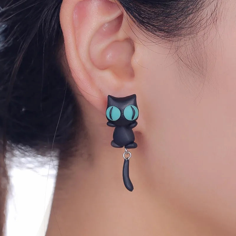 Cute Curious Black Cat Earrings