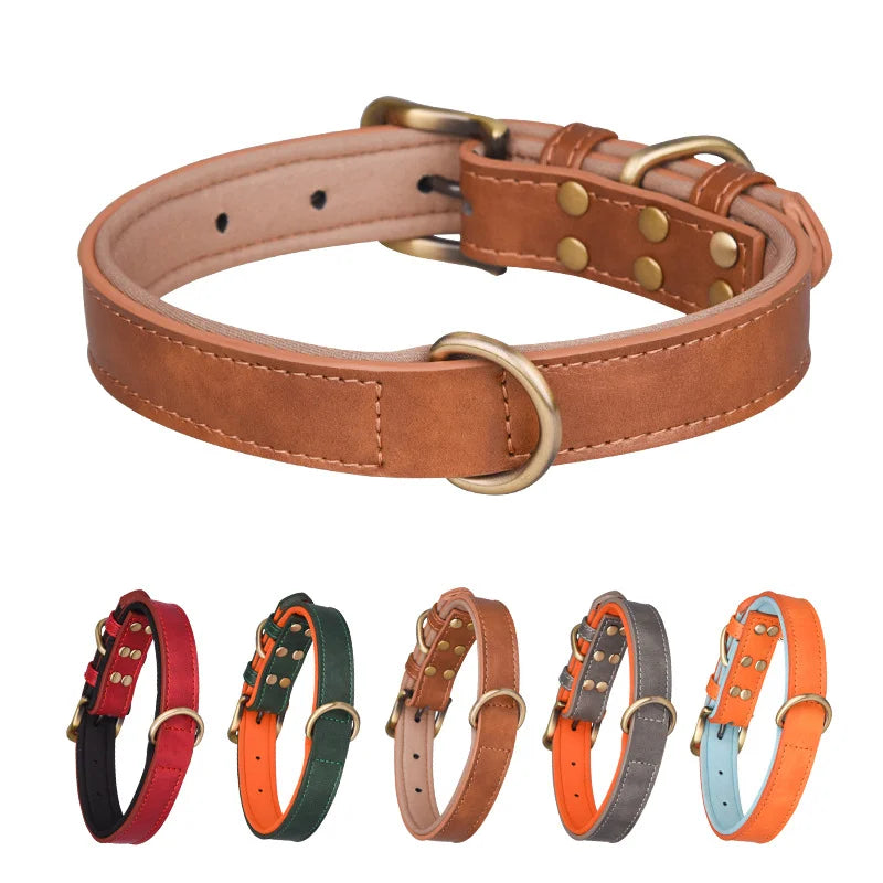 Padded Leather Pet Collar | Durable Adjustable Neck Strap with Brushed Bronze Hardware - Black Red