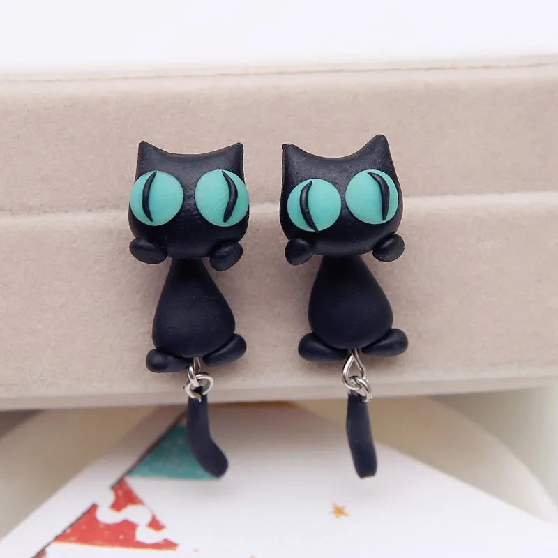 Cute Curious Black Cat Earrings