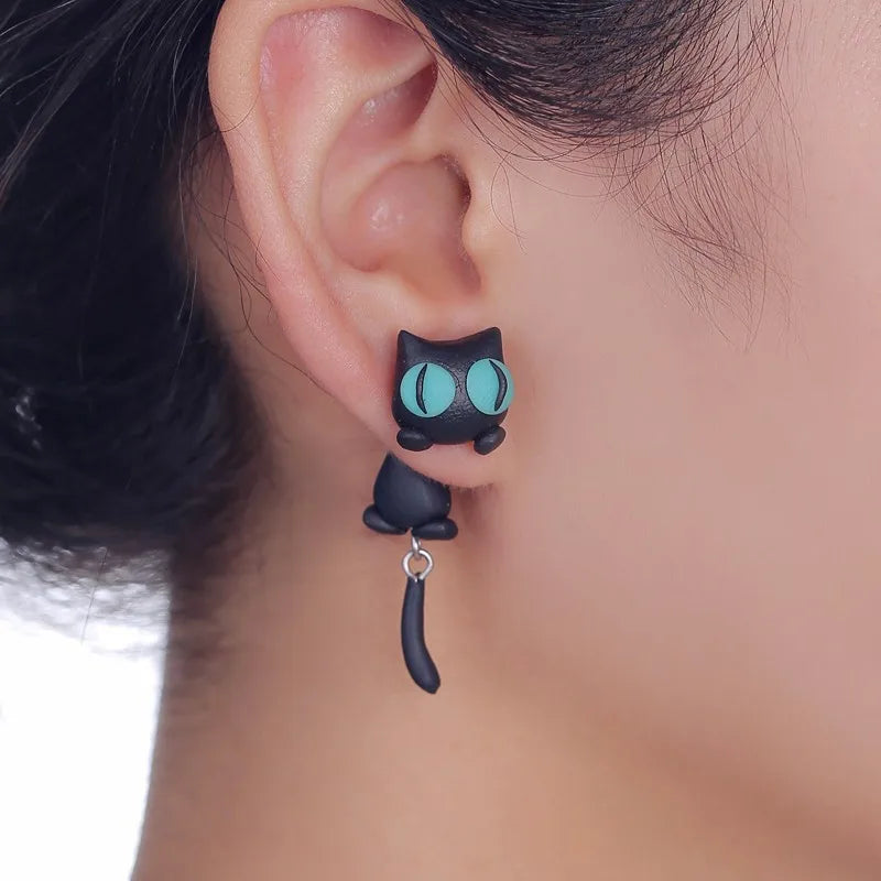 Cute Curious Black Cat Earrings