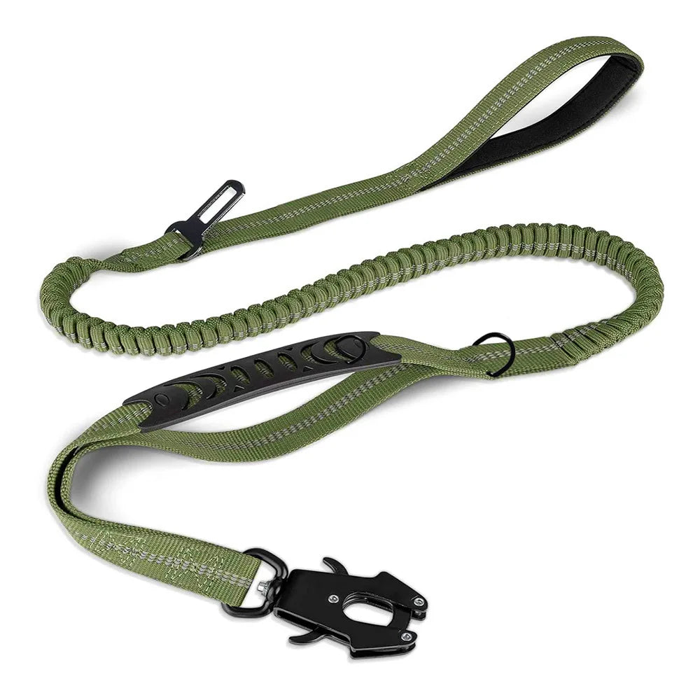 Tactical Dog Leash Shock Absorbing Lead with 2 Padded Handle Metal Clip Car Seatbelt Strong No Pull Leash for Medium Large Dogs