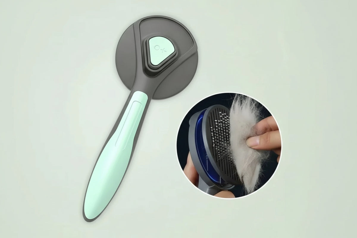 Hand pressing the button on a pet grooming brush to release collected fur from the bristles.