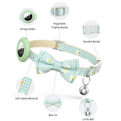 Close-up detail of the secure, water-resistant silicone AirTag housing integrated into the nylon cat collar to show a snug, anti-lost fit.