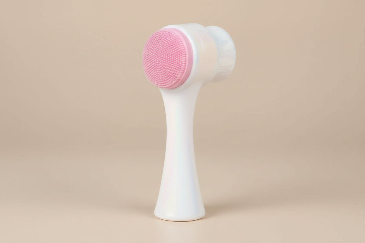 A pink dual‑sided silicone pet paw cleaning brush shown with product dimensions labeled, designed for washing and massaging dog and cat paws.