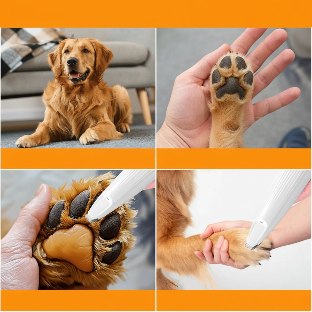Close‑up of cat paw grooming using a small‑area trimmer.