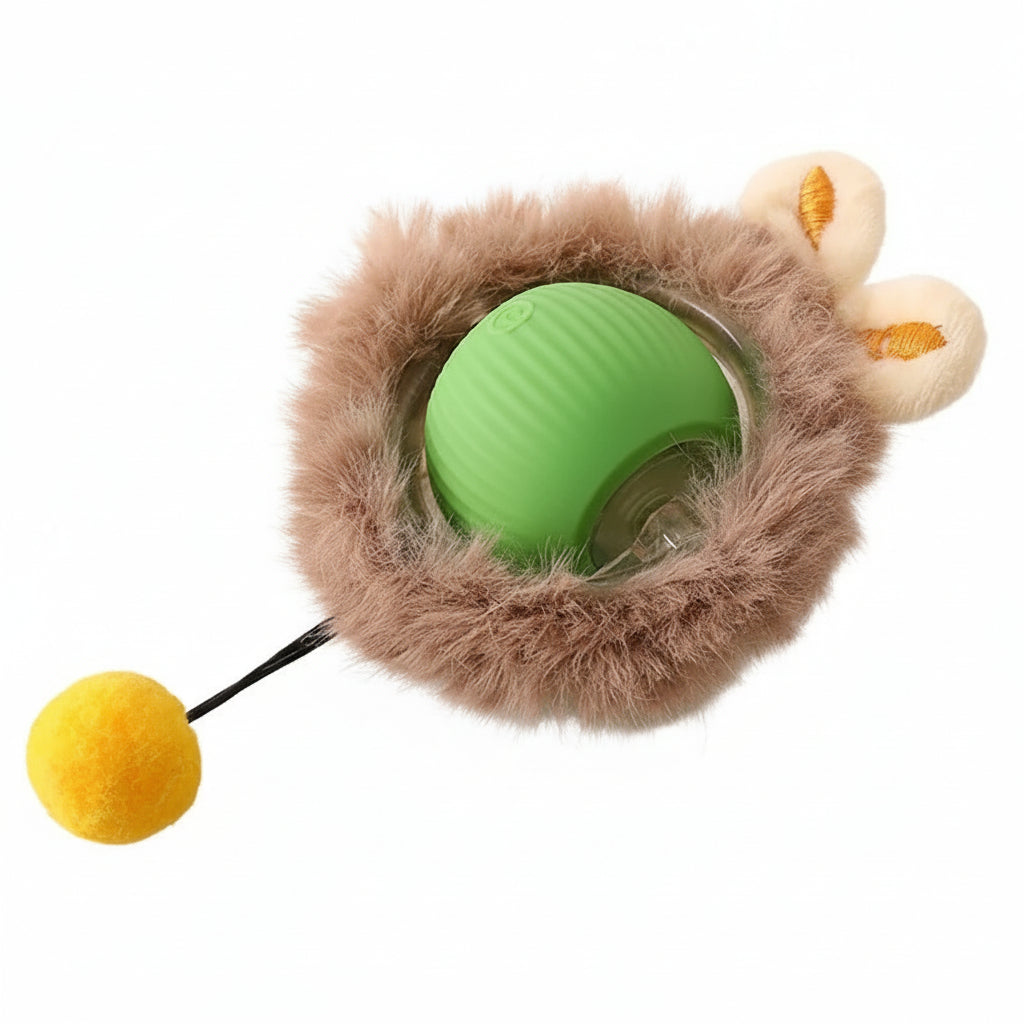A green smart interactive pet rolling ball inside a plush rabbit fur cover with faux tail, featuring normal and smart operating modes for dogs and cats.
