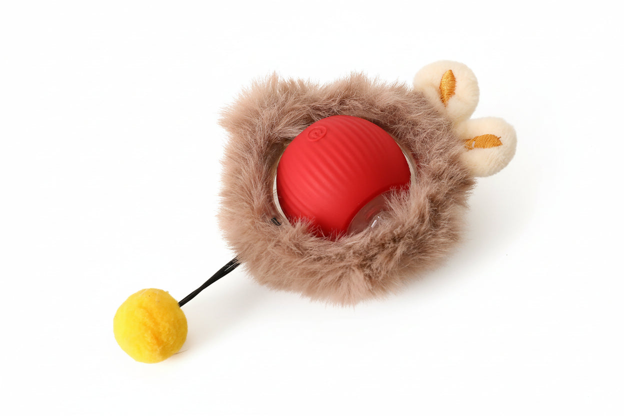 A red smart interactive pet rolling ball inside a plush rabbit cover with faux tail, designed for cats and dogs, showing normal and smart operating modes.