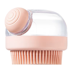 Pink silicone scrubber with bristles on a white background