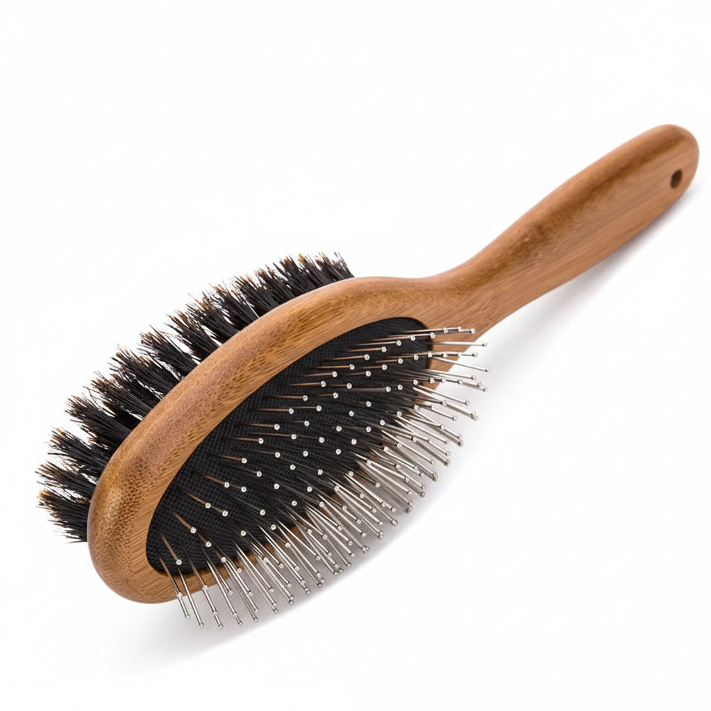 Close‑up of rounded stainless steel needle tips on pet grooming brush