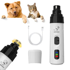 Electric pet nail grinder shown with USB charging cable, protective cap, and replacement grinding heads, alongside a dog and cat.