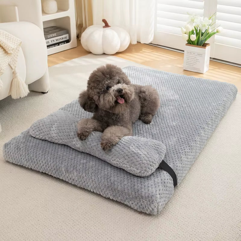 Warm Calming Dog Bed with Pillow Fluffy Plush Dog Mat for Dog 