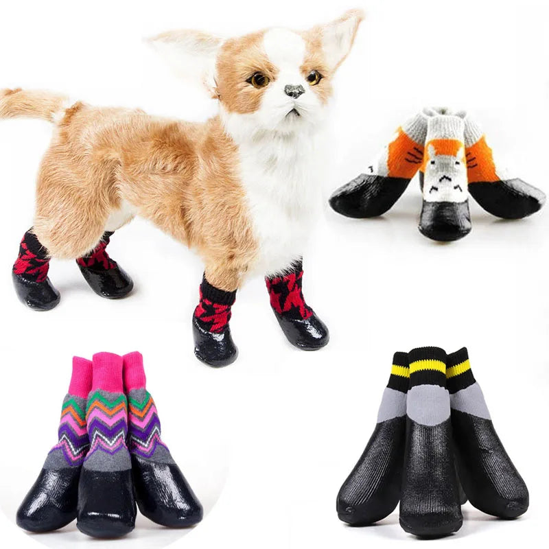 A set of black waterproof dog rain socks with yellow and grey elastic cuffs, featuring a rubber-coated anti-slip bottom for paw protection.