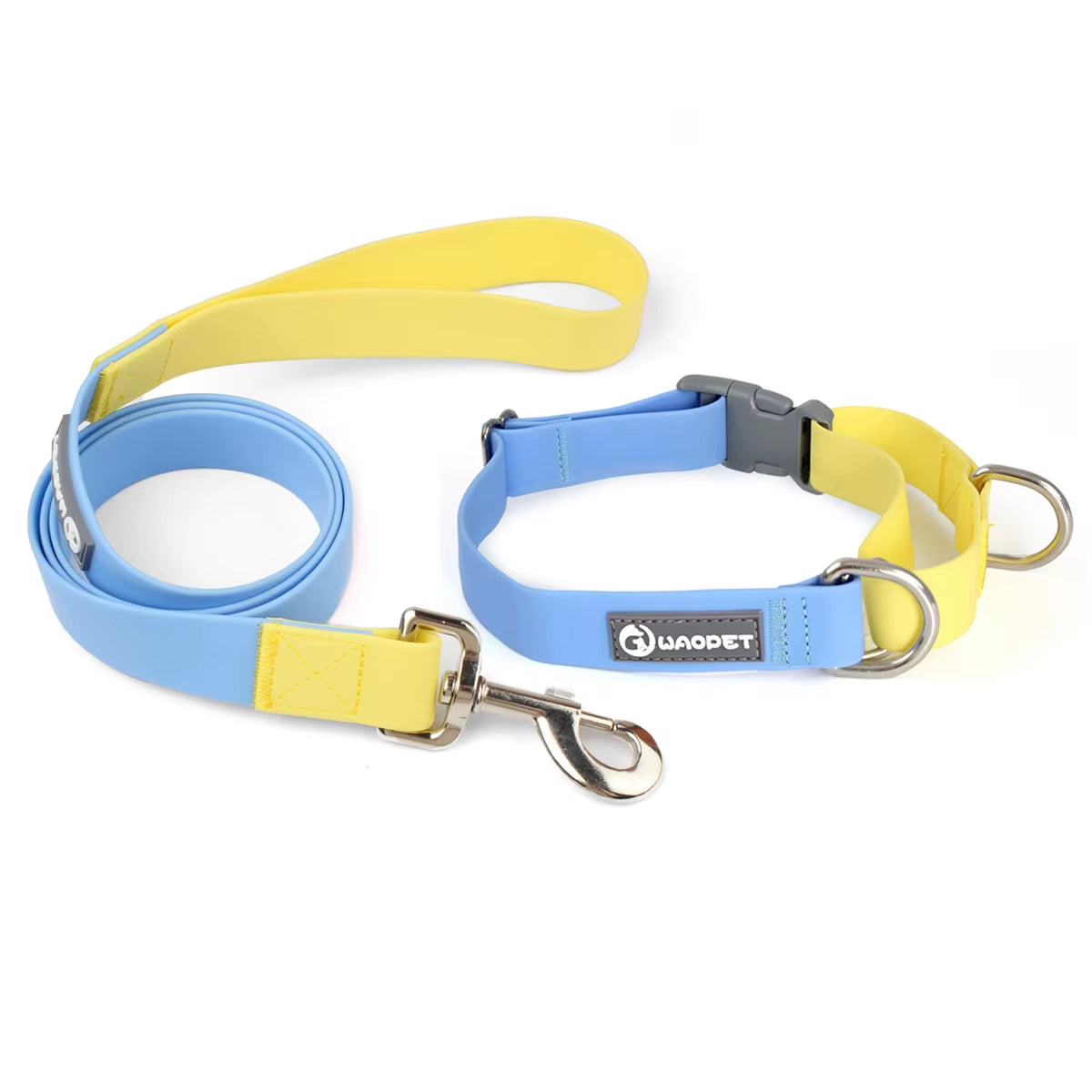 Close-up shot showing the soft leather-like texture of the flexible, waterproof PVC-coated webbing material and the durable metal swivel snap-hook on the matching leash.
