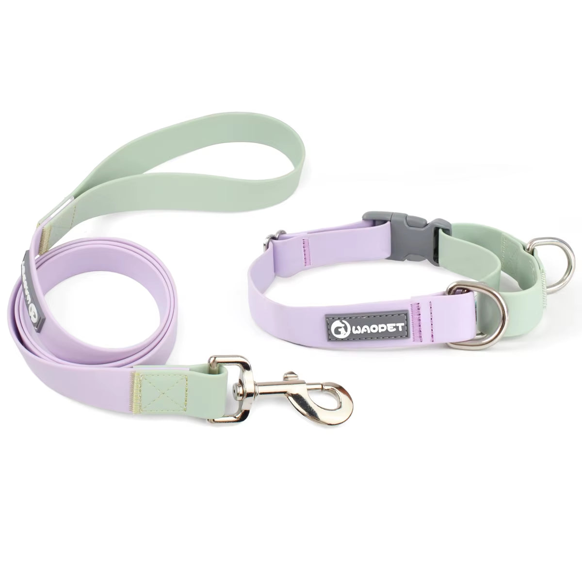 A professional product shot showing three sets of the waterproof PVC dog collar and matching leash in pastel Lavender Mist, Blush Petal, and Breeze Blue, displayed against a neutral light background.