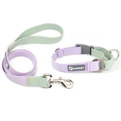 A professional product shot showing three sets of the waterproof PVC dog collar and matching leash in pastel Lavender Mist, Blush Petal, and Breeze Blue, displayed against a neutral light background.