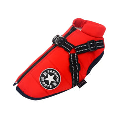 Warm padded dog coat with integrated harness suitable for small to large dogs