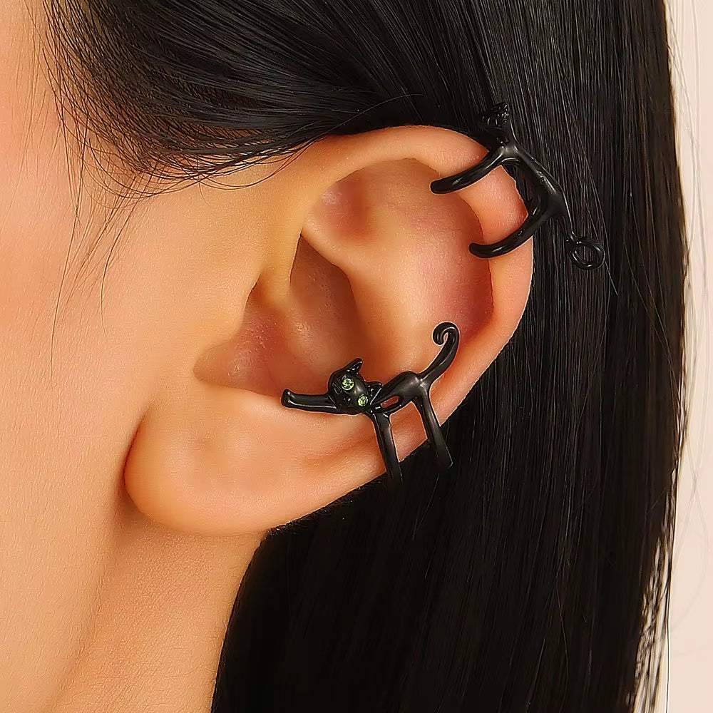 Stylish Cat Elf Clip-On Earrings with Green Eye Design - Unique Metal Fashion Jewelry for Women