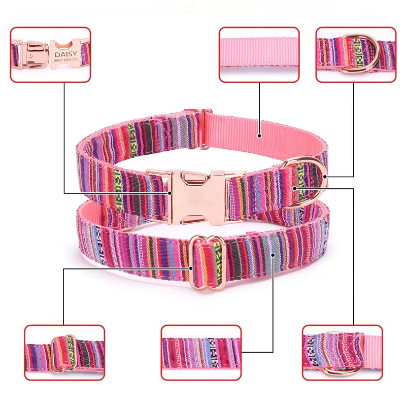 Adjustable Dog Collar Bohemian Stripe Plaid Pet Collar Ethnic Pet Collars with Metal Buckle for Medium to Large Dog Accessories