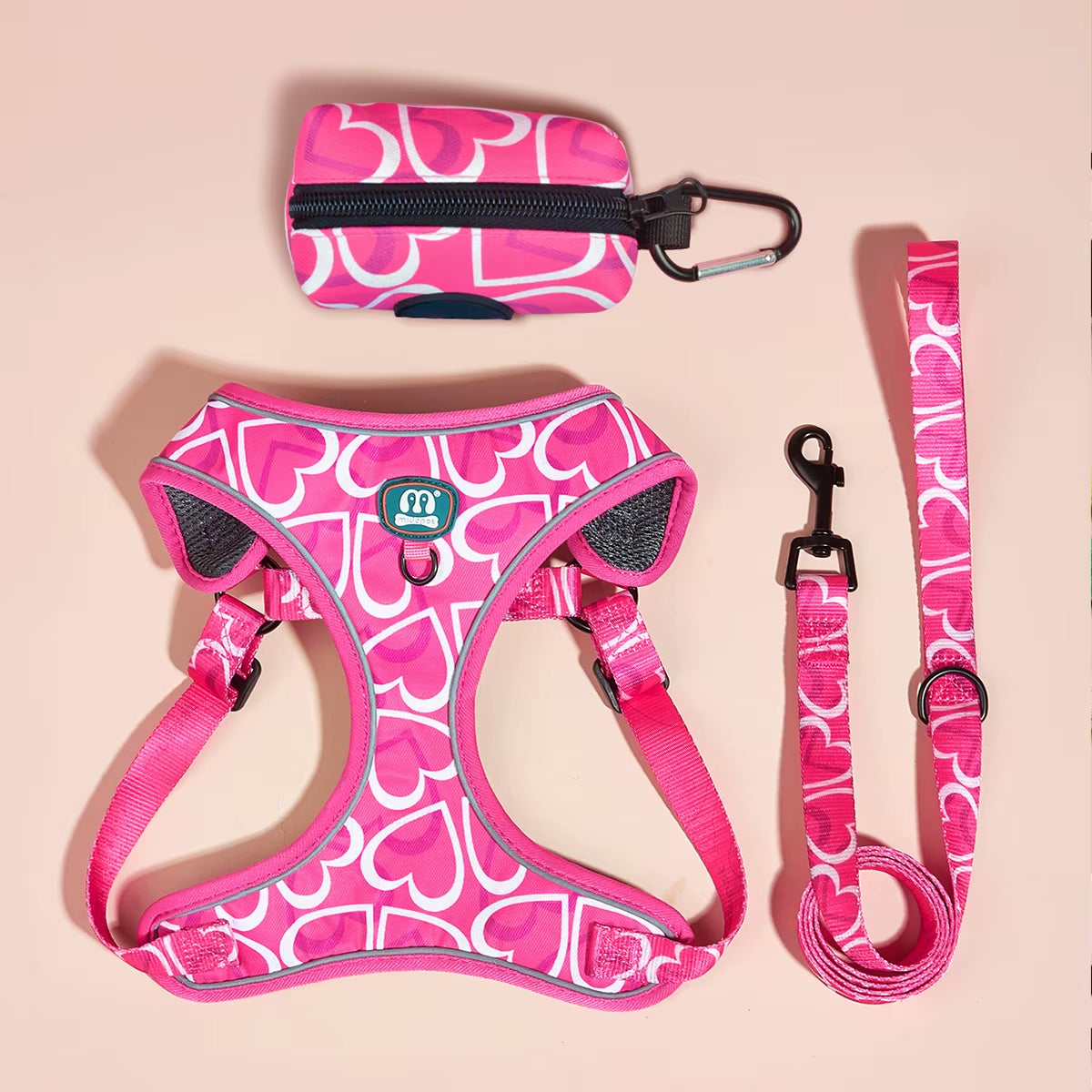 3Pcs/Set Love Heart Print High Quality Adjuatbale Rose Red Color Pet Dog Harness & Leashes & Poop Bag Holder Set for Walking