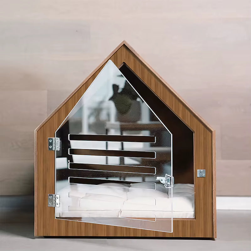 Dog and Cat House with Acrylic Door Stained Wood Dog Kennel Crate Furniture Indoor Dog Cat House