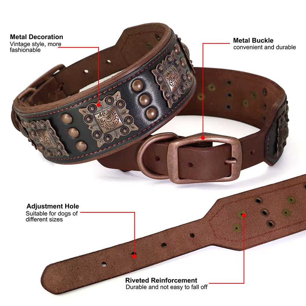 Genuine Leather Wide Dog Collar Leash Set Durable Padded Dog Collars Luxury Metal Rivet Pet Necklace with Rope for Dogs Pitbull