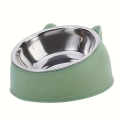 1Pc Elevated Stainless Steel Cat Bowl, Inclined Food & Water Dish with Cute Ear Stand, Neck Protection Design for Cats