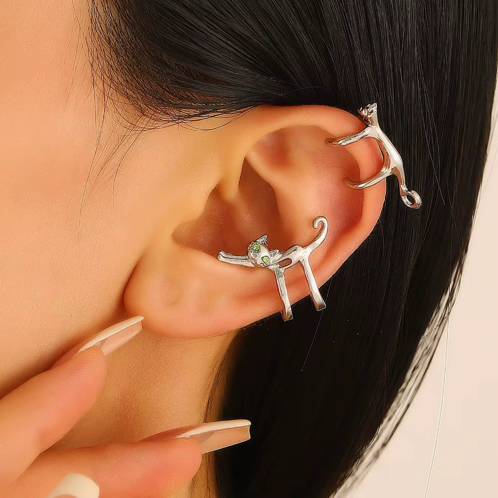 Stylish Cat Elf Clip-On Earrings with Green Eye Design - Unique Metal Fashion Jewelry for Women