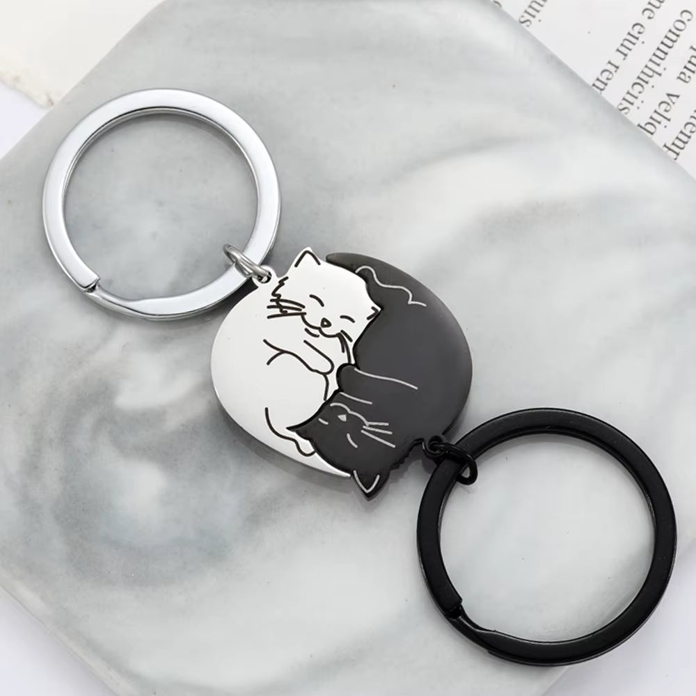 Stainless Steel Black Cat Couples Keychain Puzzle Set - Thoughtful Valentine's Gift for Partners and Friends