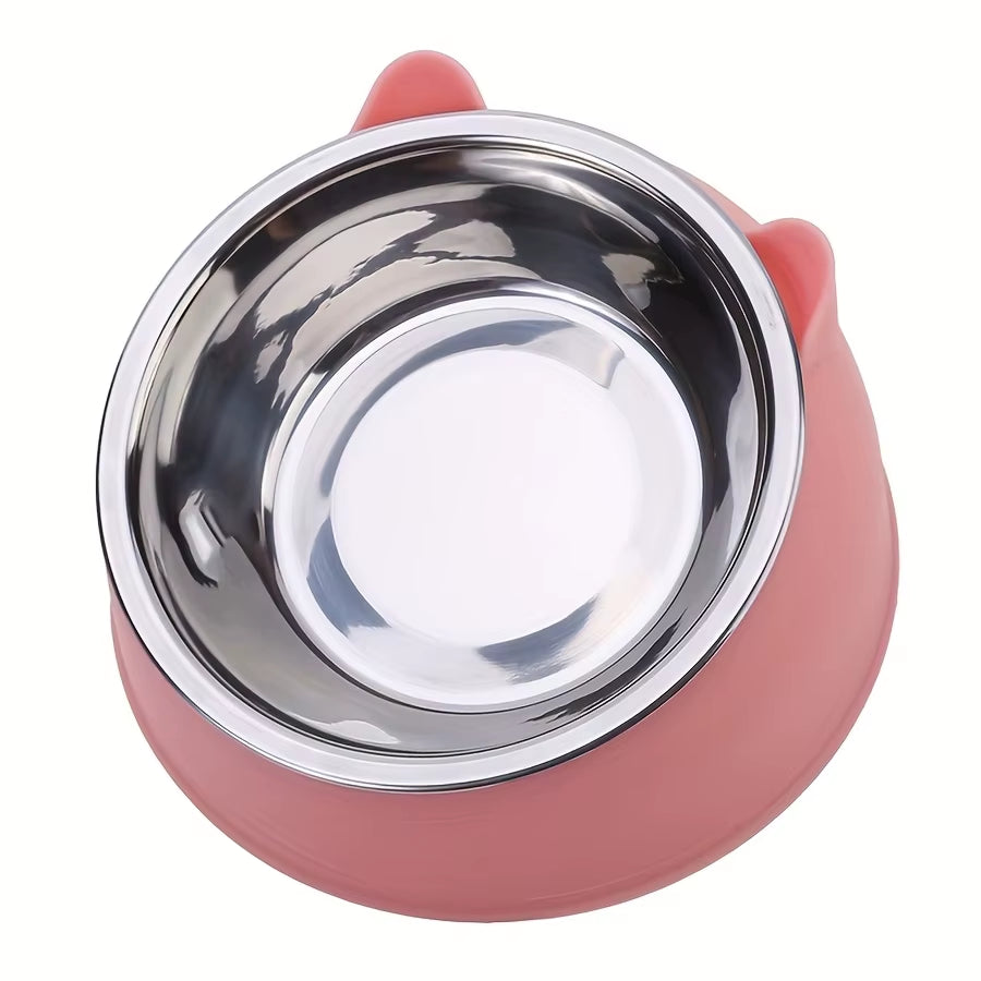 1Pc Elevated Stainless Steel Cat Bowl, Inclined Food & Water Dish with Cute Ear Stand, Neck Protection Design for Cats