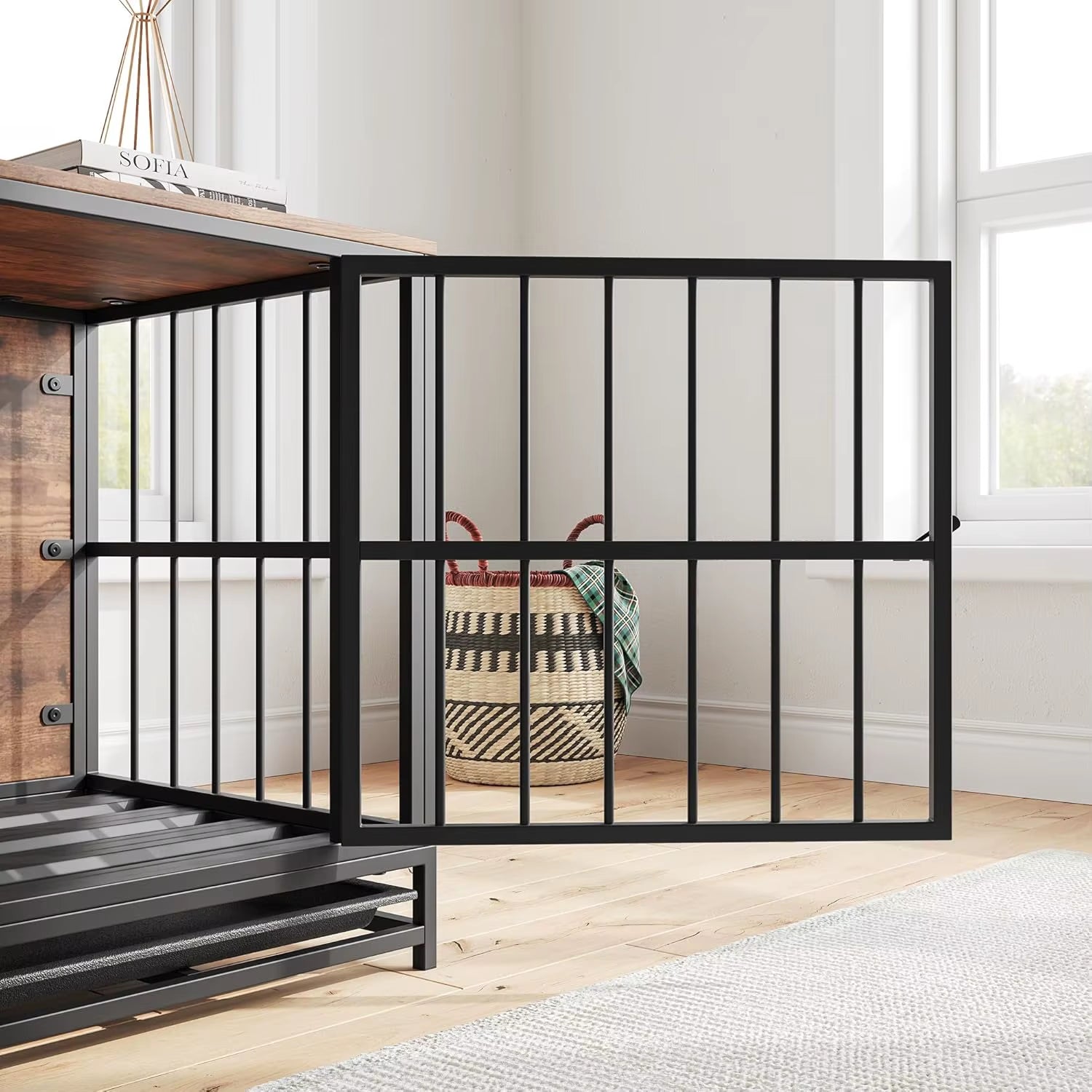 Dog Crate Furniture,Wooden Dog Kennel Indoor,Heavy Duty Dog Cage with Removable Tray, Dog House Double Doors Pet Crate Side