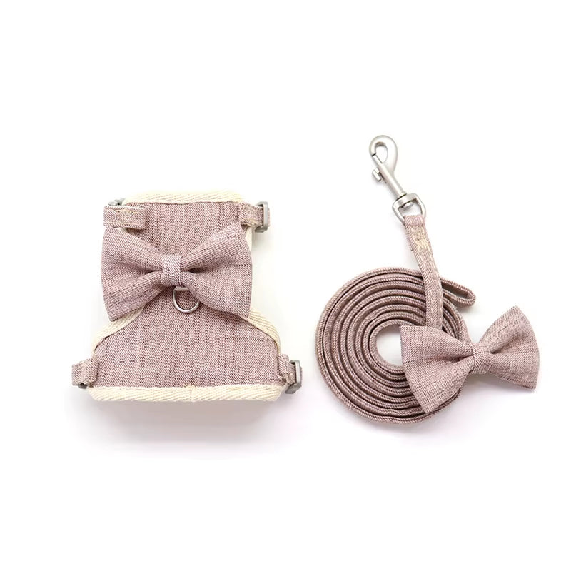 Solid Nylon Pet Dog Harness I Shape Bow Tie Summer Walking Chihuahua Leash Set Durable Medium York Dog Floral Pet Accessories