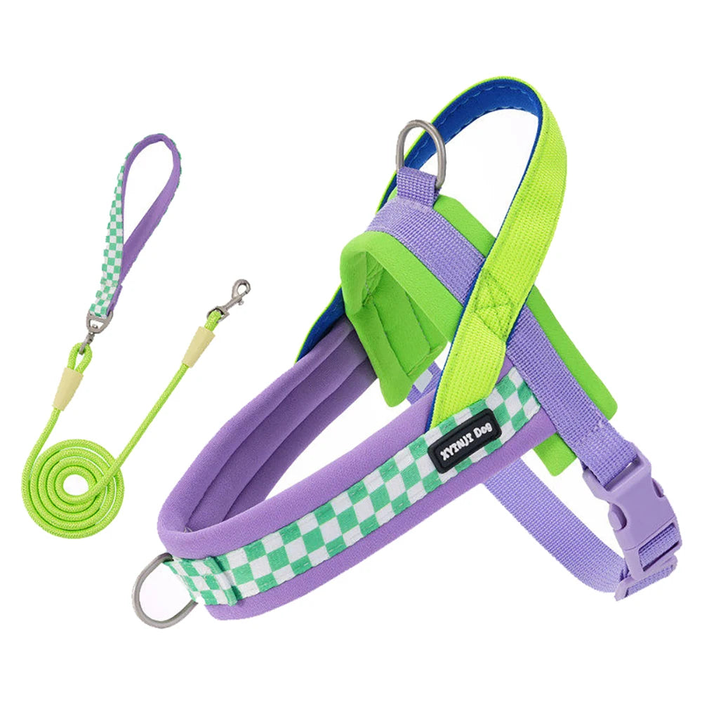 An adjustable lavender and neon lime step-in dog harness set showing green and white checker detailing and a matching neon walking leash.