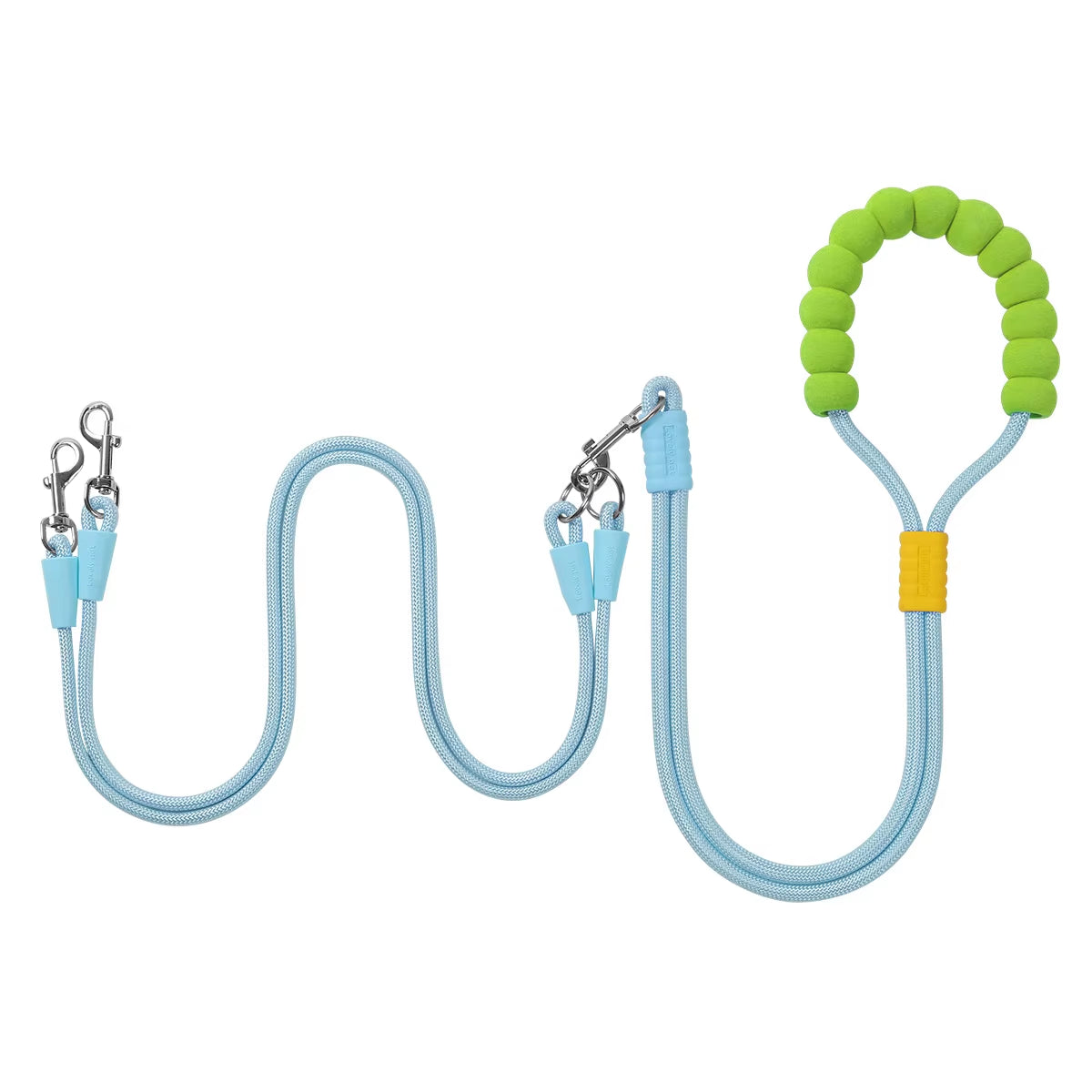 An arctic azure blue adjustable cross-body double dog leash layout optimized for small and medium dogs under 40lbs.