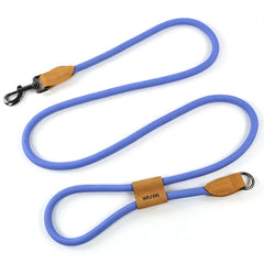 A premium ocean marine blue hands-free pet leash highlighting the smooth adjustment slides on the waist belt line and the anti-tangle swivel leash hook.