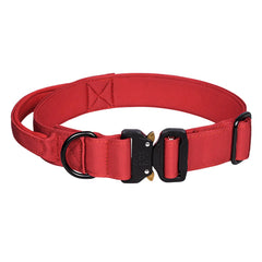 Vibrant high-visibility crimson red tactical training collar built with reinforced stitching and heavy-duty load-capacity metal hardware, tailored for large and medium breeds.