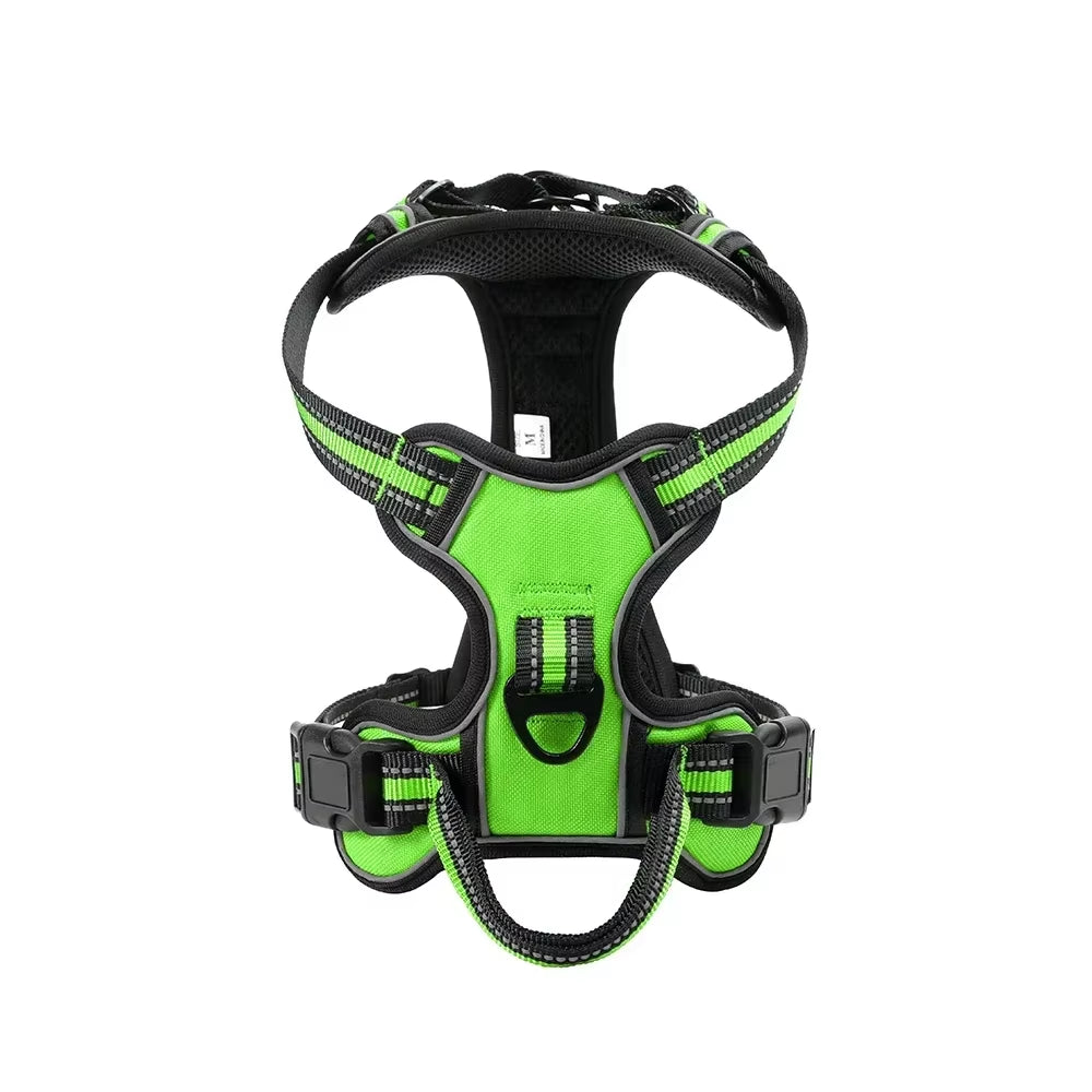 An Emerald Forest Green adjustable dog harness vest with comfortable sponge padding and breathable mesh lining.
