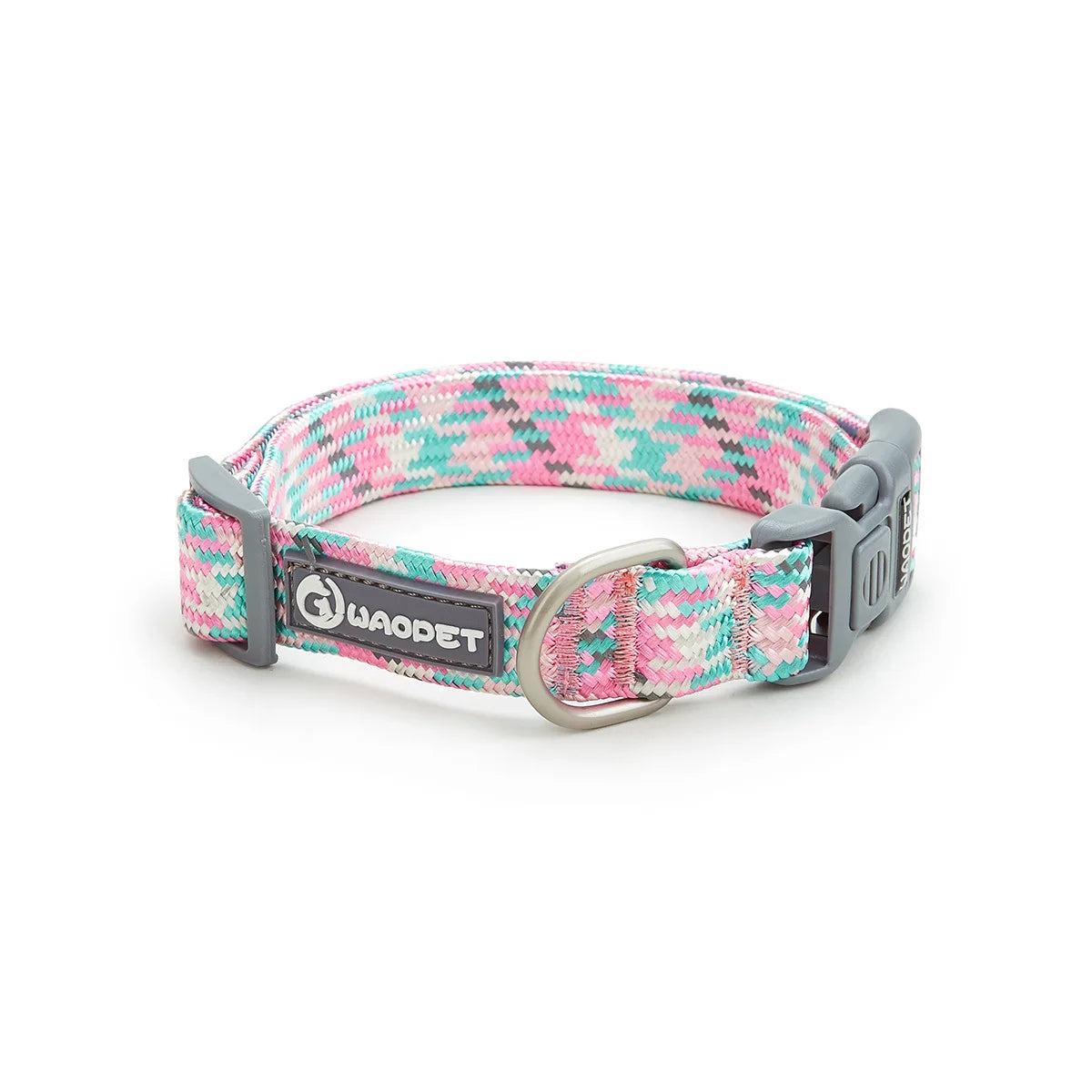 A Blossom Candy Pink high-density nylon puppy collar with 360-degree reflective trim and polished quick-snap metal hardware.