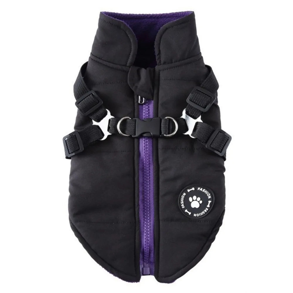 Onyx Black and Amethyst winter pet coat with a built-in adjustable harness system and high-loft synthetic down padding