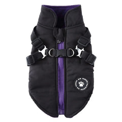 Onyx Black and Amethyst winter pet coat with a built-in adjustable harness system and high-loft synthetic down padding