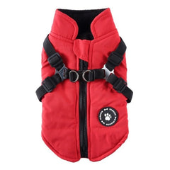 Crimson Red and Slate windproof pet jacket for cats and dogs, featuring dual D-rings and a smooth back zipper closure.