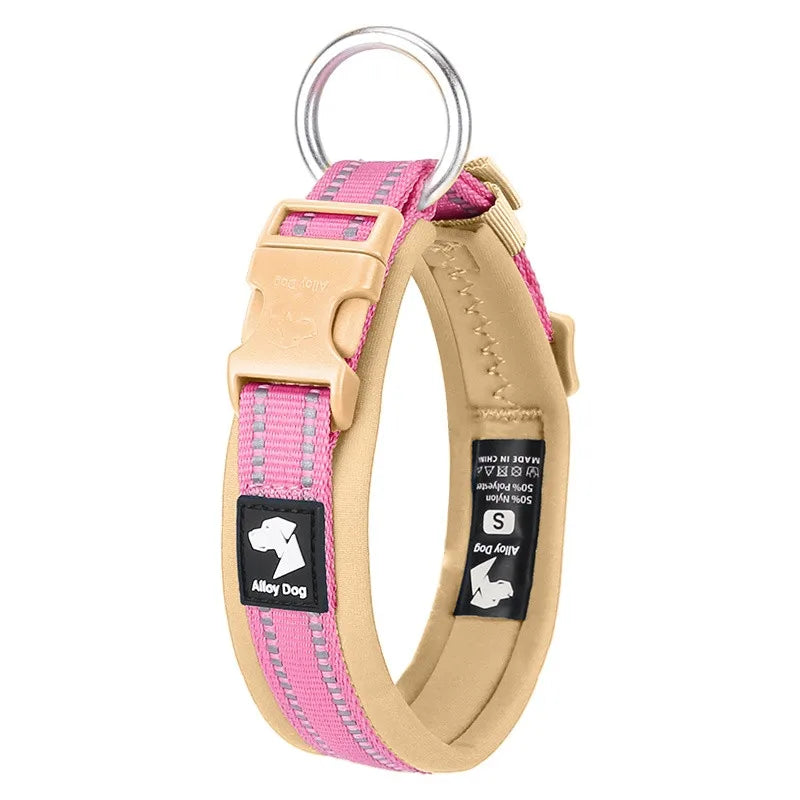 Light pink and pastel yellow padded safety collar with dual-strip reflective stitching for small, medium, and large pets.