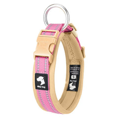 Light pink and pastel yellow padded safety collar with dual-strip reflective stitching for small, medium, and large pets.