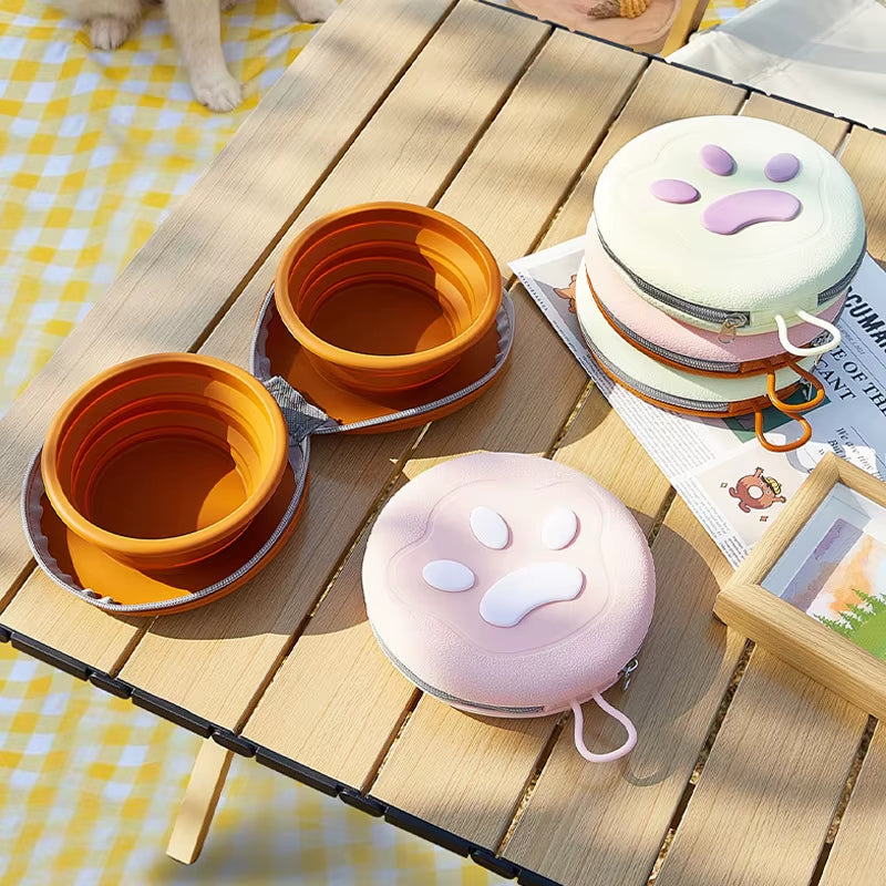 2 in 1 Foldable Pet Food Bowl Portable Silicone Puppy Dual Bowl Outdoor Travel Dog Drinking Bowl Folding Cat Bowls Dog Bowls